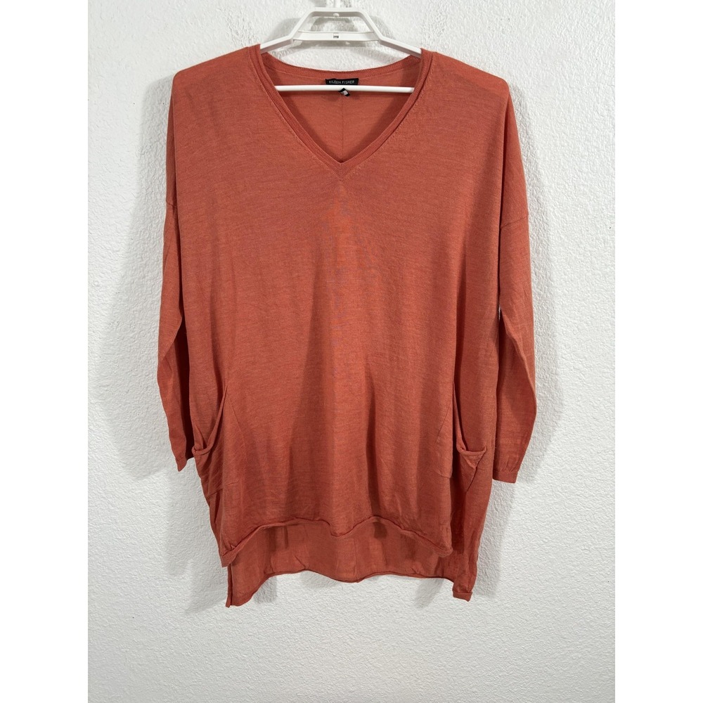 Eileen Fisher Sweater Womens‎ XL Rust Merino Wool V Neck Tunic Pockets Lagenlook